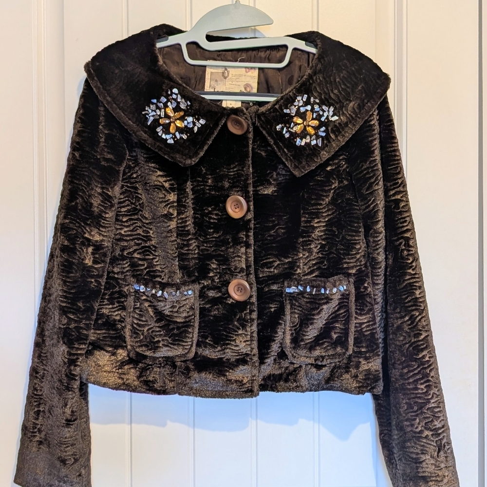 Brown Textured Velvet Jacket with Embellished Collar